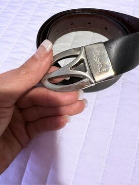 Yves Saint Laurent Black Leather Belt with Silver YSL Buckle